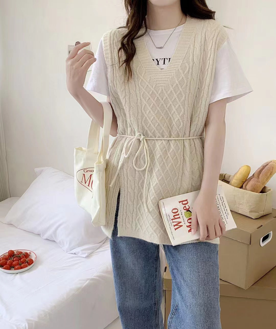 VLOVELAW Spring and Autumn Lazy Wind Knitting Waist Skinny Vest Hot Fashion Vest Stacked Wear Vest V-Neck Sweater Women