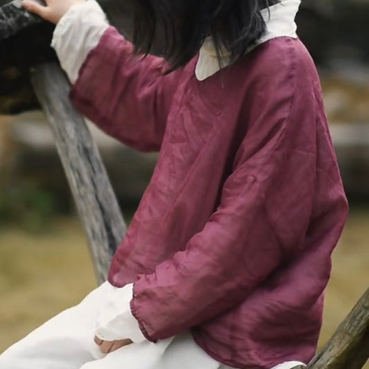 2025  23./2 Zhi'an, spring and summer literary and retro two-color ramie v-neck pullover shoulder shirt