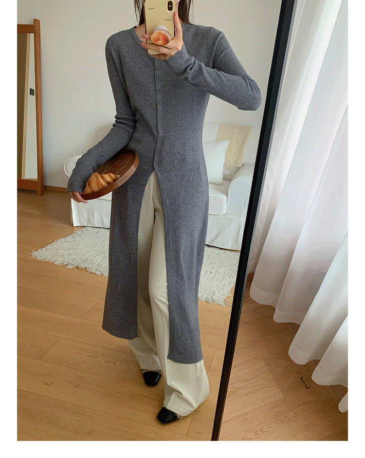 VLOVELAW Early autumn versatile solid color high split fork women's U-neck slim and thin knitted cardigan temperament long coat long sleeve top