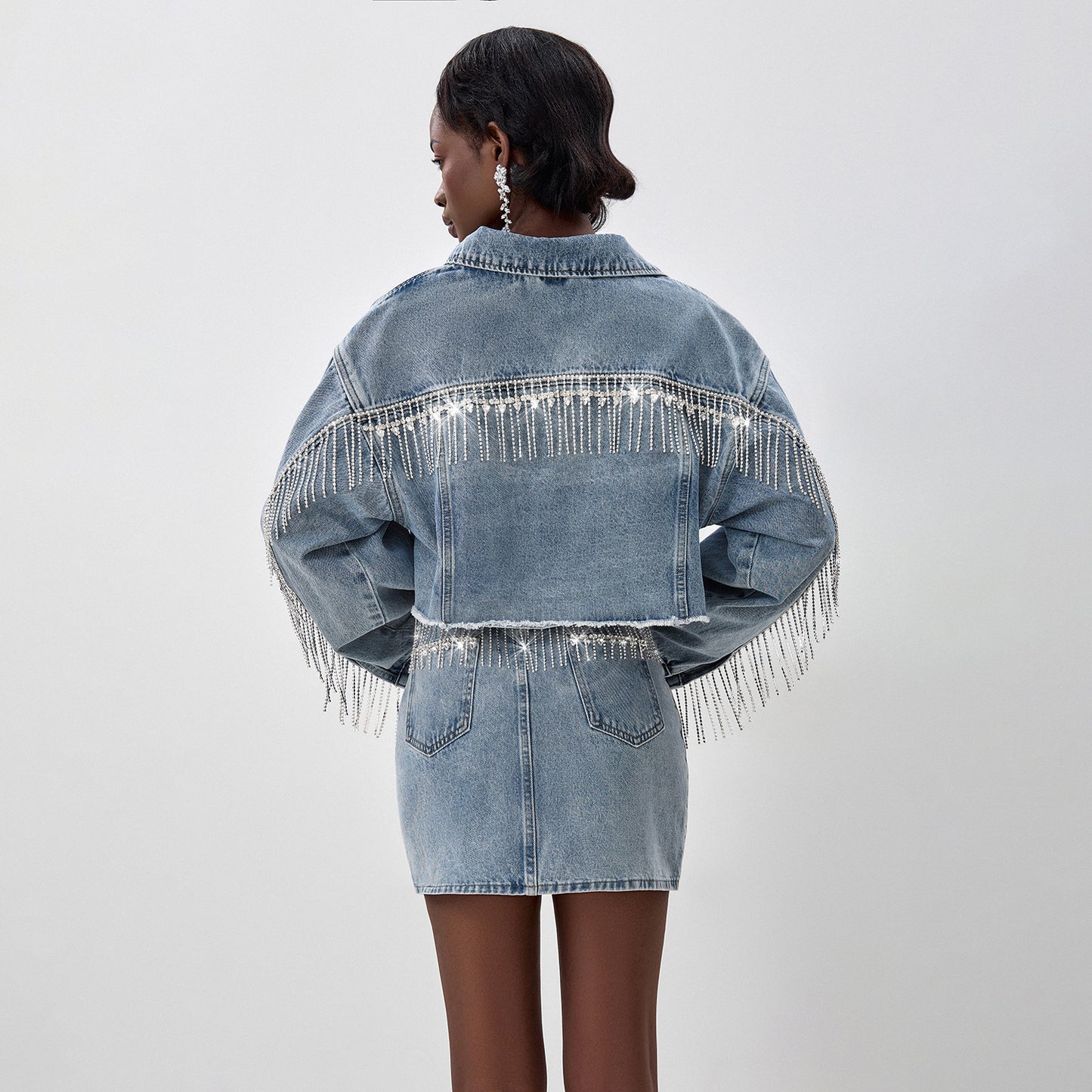 n high-end design trendy brand fashion lapel short diamond chain fringed jacket hip wrap short skirt denim suit women