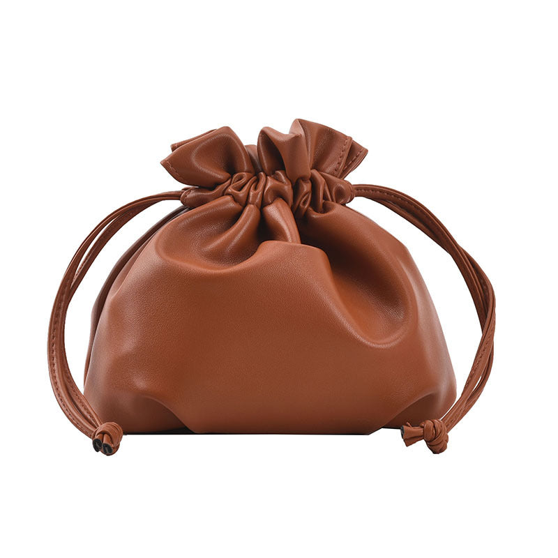 vlovelaw Korean Style Fashion Drawstring Bucket Bag Internet Celebrity Casual Cute Mini Small Cross Body Bag Western Style Soft Leather Solid Color Single-Shoulder Bag