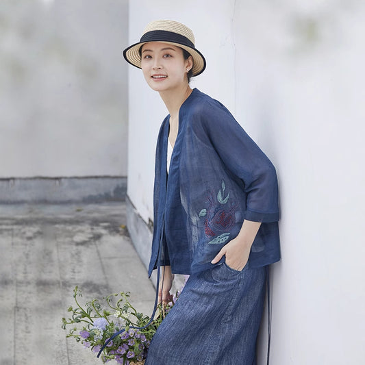 2025 spring and summer shirt ramie diagonal placket lace-up with hand-embroidered V-neck cardigan new Chinese top A0412