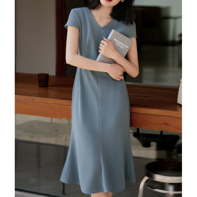 2025 Triacetic acid fishtail skirt, thousand gold waist dress V-neck medium and long Hangzhou four-season green women's clothing spring and summer