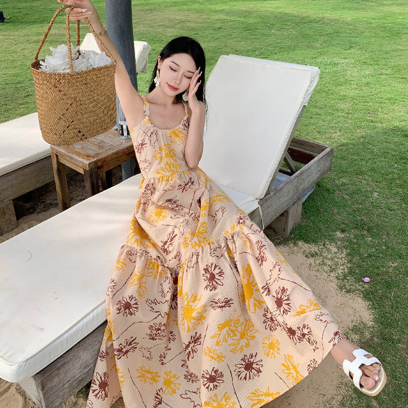 2025 Printed halter bow floral super fairy dress women's summer seaside vacation suspender skirt long large skirt