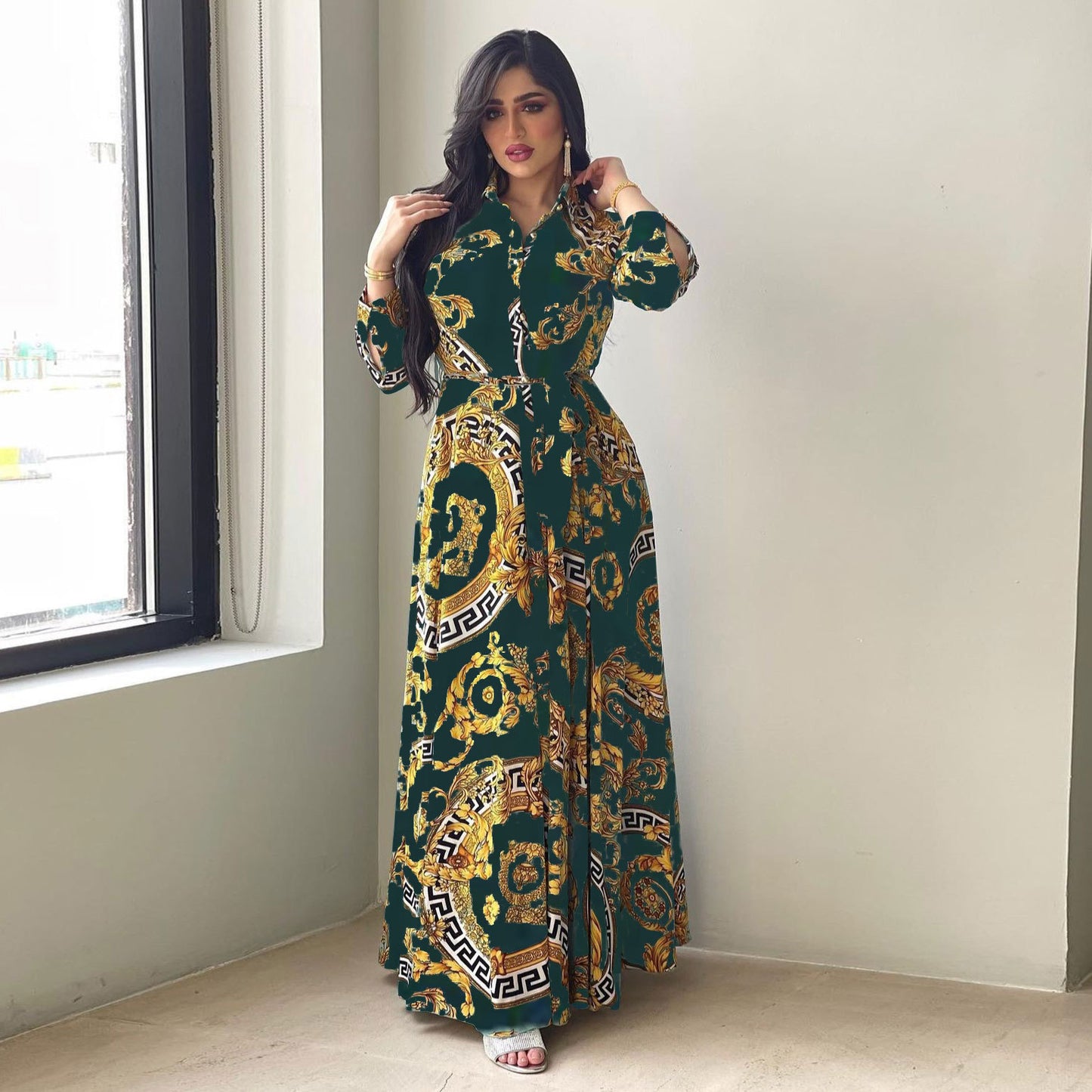 XIEYINSHE Ab130 Europe and America Cross Border Middle East Independent Station Foreign Trade Hot Sale Large Swing Women's Clothing Printed Shirt Dress