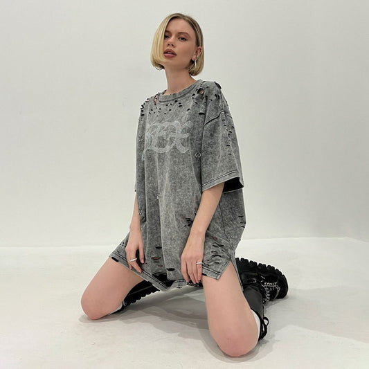 n new trendy high street round neck hot diamond washed old ripped T-shirt versatile short sleeve loose metal top