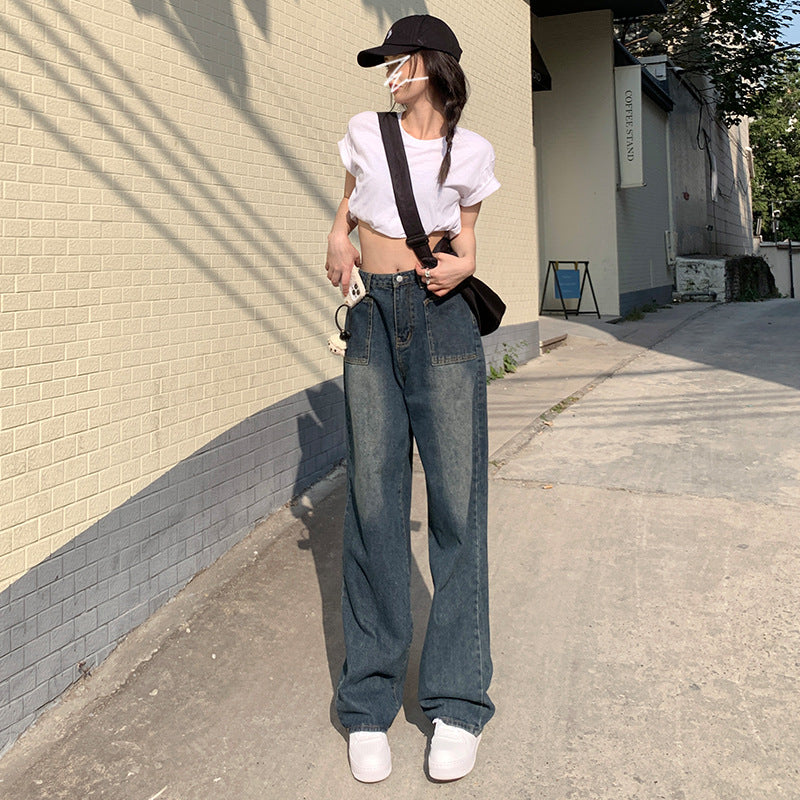 Licshe# American Jeans Women's 2025 Spring New Loose Wide-Leg Pants High Waist Straight Slimming Women's Wear Pants