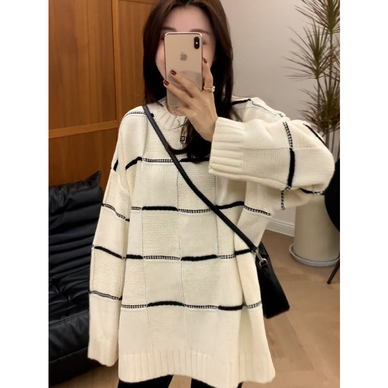 VLOVELAW Contrasting color striped crew neck sweater women's new popular autumn and winter casual loose lazy style medium and long knitted sweater