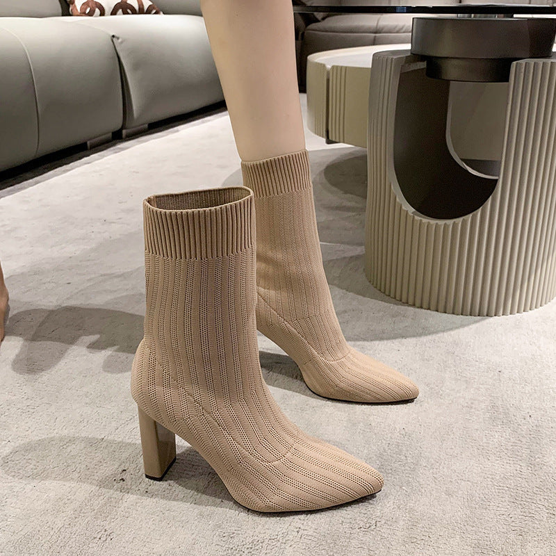 Cross-Border Oversized Knit Elastic Socks Boots New Internet Hot Casual Breathable High Heel Pointed Flying Woven Boots