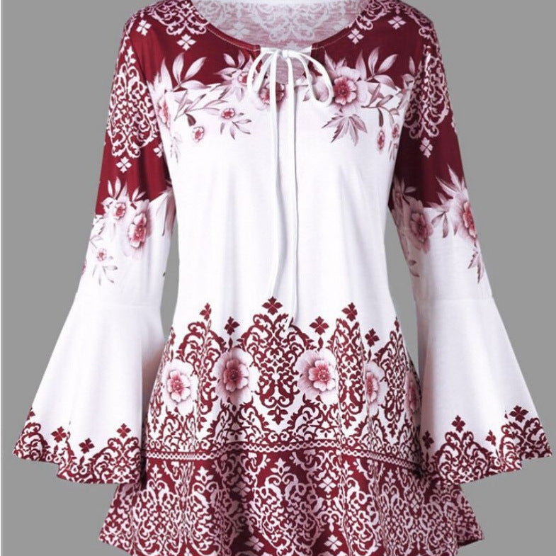 VLOVELAW European and American New Women's Clothing Printing Long Horn Sleeve Lace-up T-shirt Slim Long Sleeve plus Size Women's Clothing