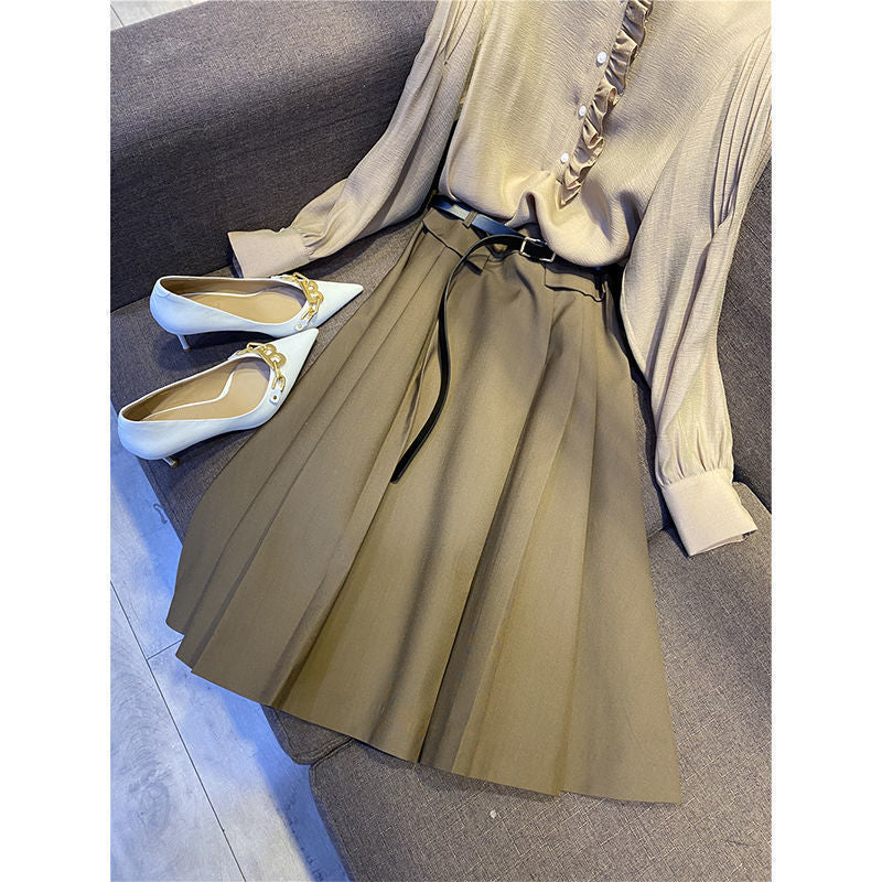 2025 Temperament ruffle leaf edge shirt skirt two-piece set, gentle wind suit skirt A-shaped skirt Hangzhou Sijiqing women's clothing summer
