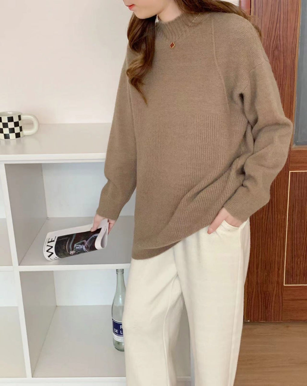 VLOVELAW Semi-turtleneck sweater women's autumn and winter New new loose retro lazy style solid color pullover soft waxy thickened knitted sweater