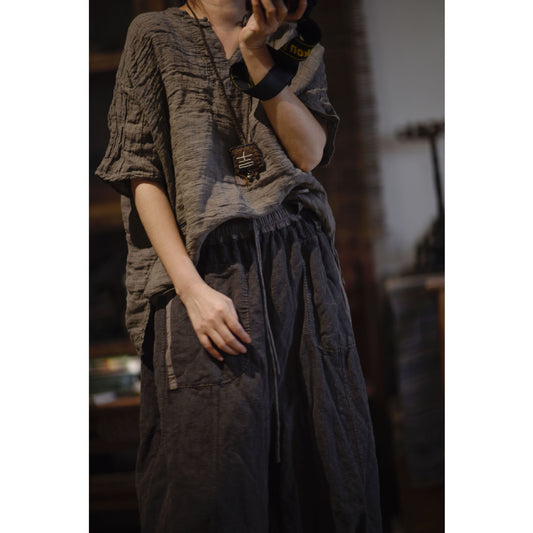 2025  23/6 Movie/Literary and retro texture yarn-dyed linen pullover stand-up collar buckle loose shoulder shirt