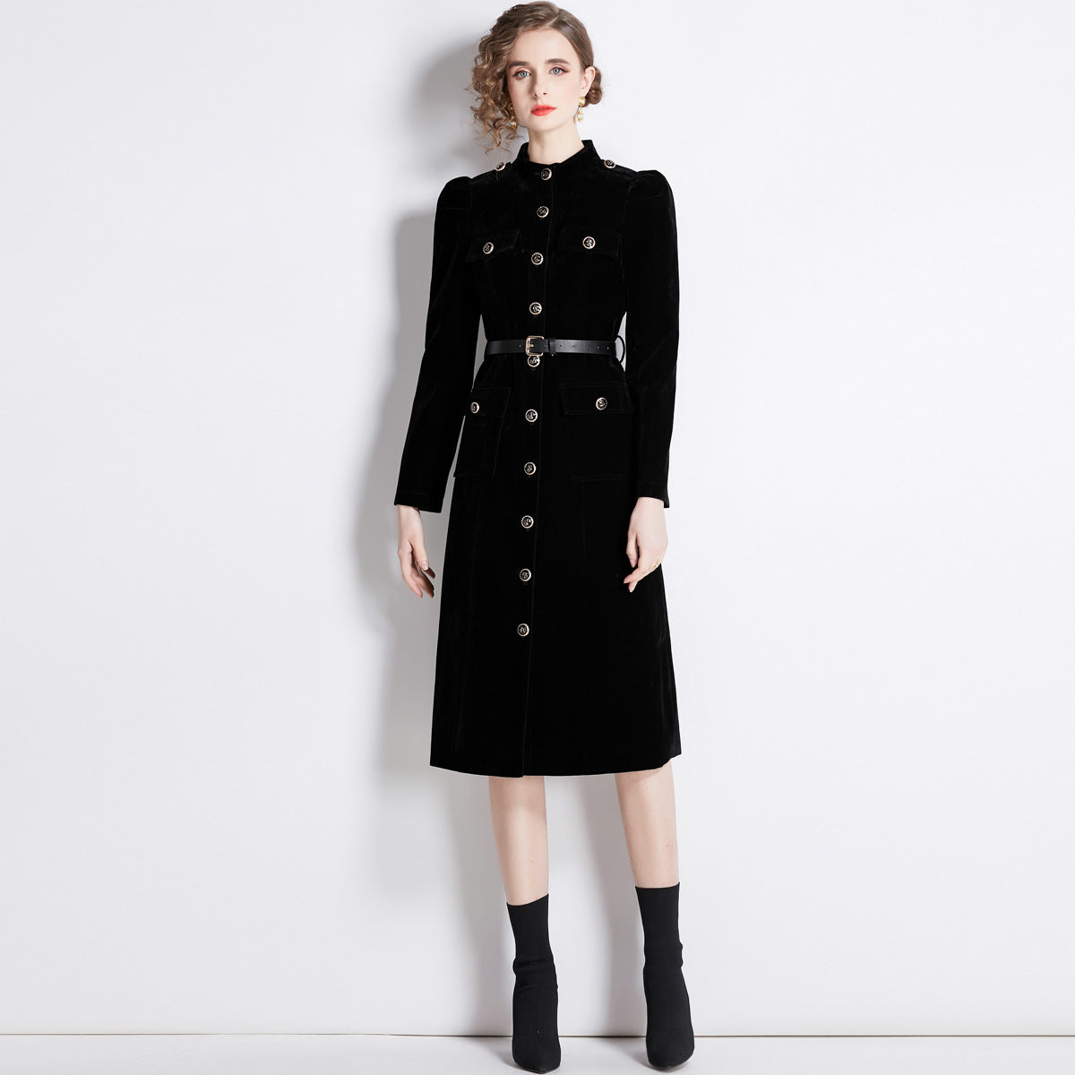 Black velvet trench coat women's autumn and winter new Hepburn style stand-up collar slim fit medium and long coat tide