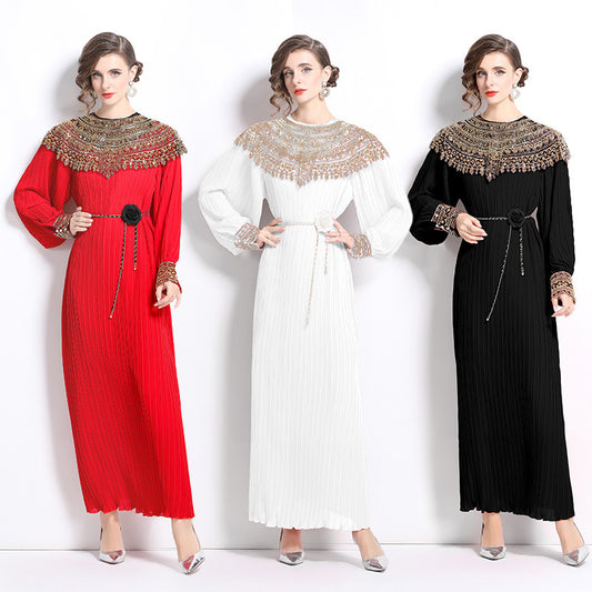 senior celebrity Fan Heavy Industry bead dress skirt temperament imperial sister Fan lantern sleeve pleated loose long dress