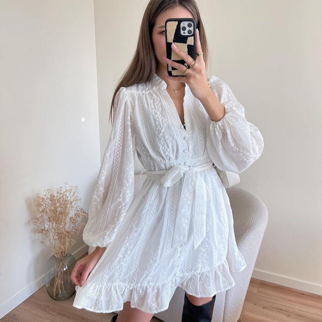 autumn New new women's dress v-neck long-sleeved sweet lace-up ruffle skirt