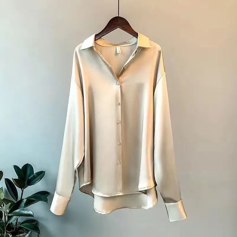 VLOVELAW Long Sleeve Satin Shirt Women's Design Sense Niche Spring and Summer New All-Match Draping Top Retro Hong Kong Style Shirt