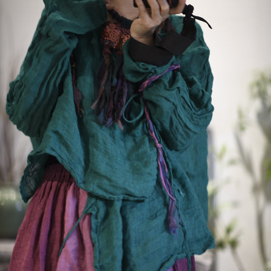 2025    24/4SN54 Chu, literary and retro irregular long-sleeved solid-color linen diagonal placket-lace-up shirt