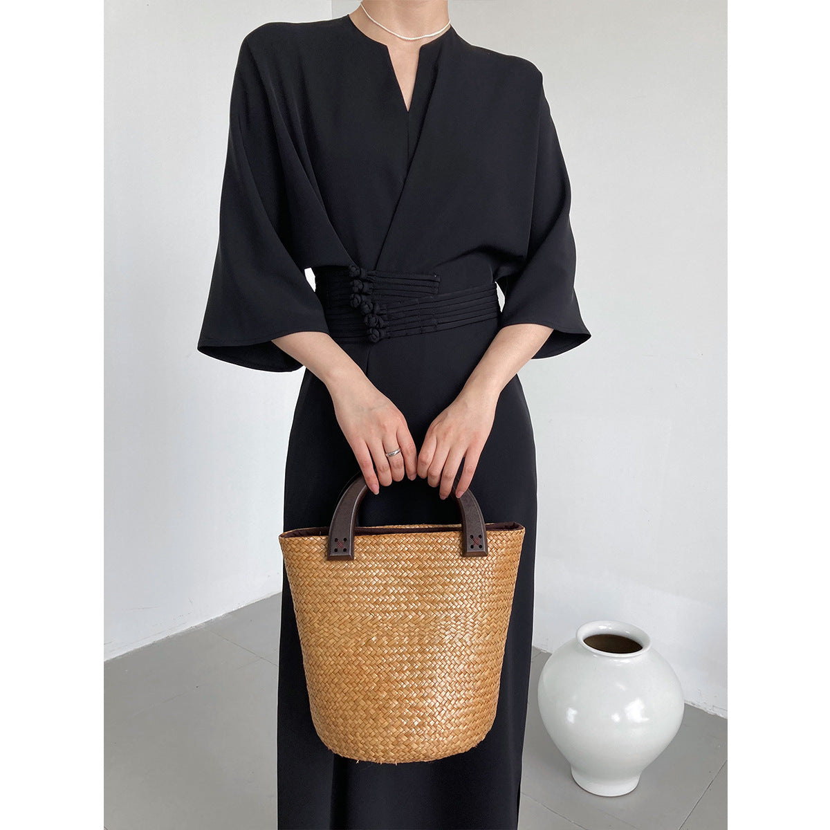 Luxi, temperament high-grade buckle waist strap straight dress, new Chinese style improved long skirt 3030