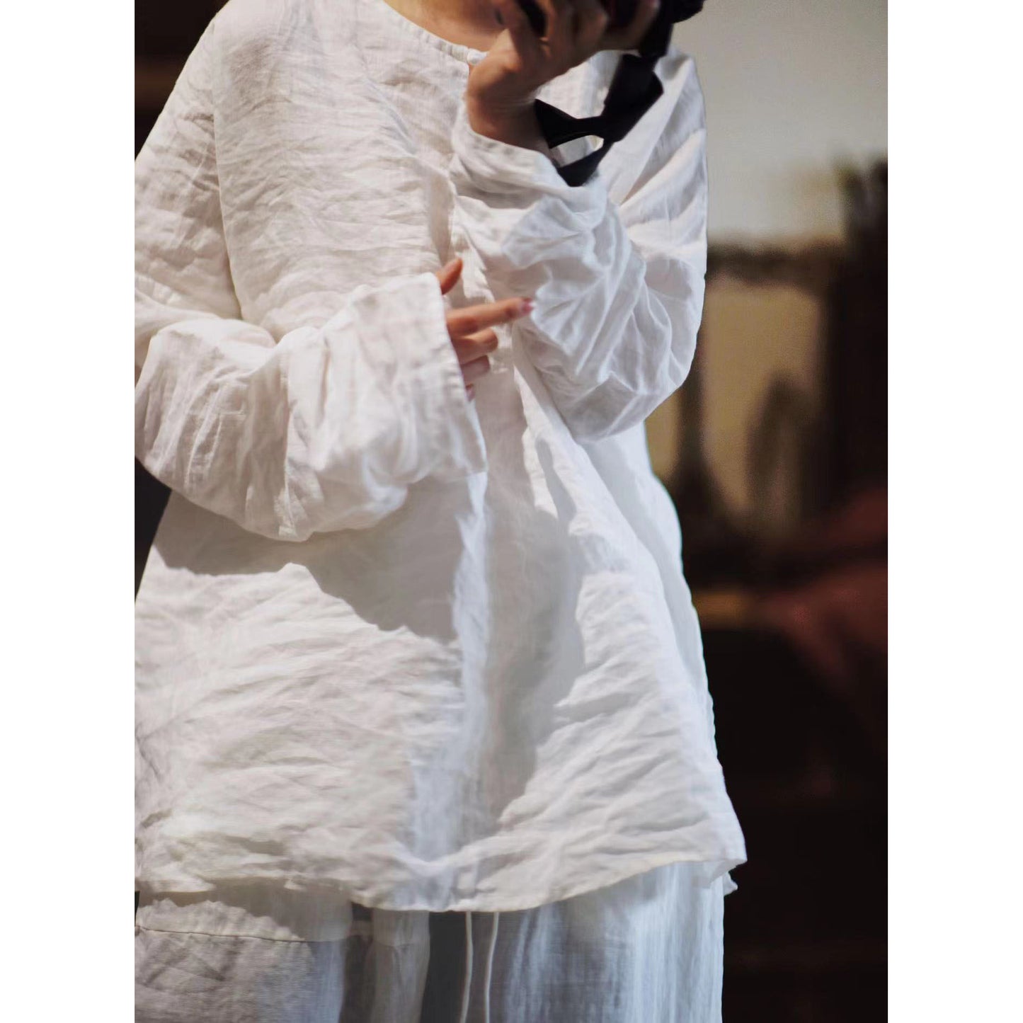 2025 22/12 Winter Solstice/Early Spring Simple Literary Thick Ramie Pullover Solid Color Shoulder Shirt