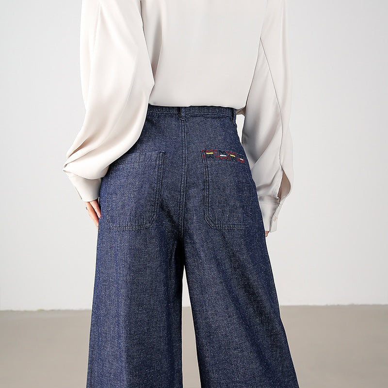 2025 Spring new retro denim wide-leg pants literary dark blue mid-waist loose and thin embroidered versatile nine-point pants