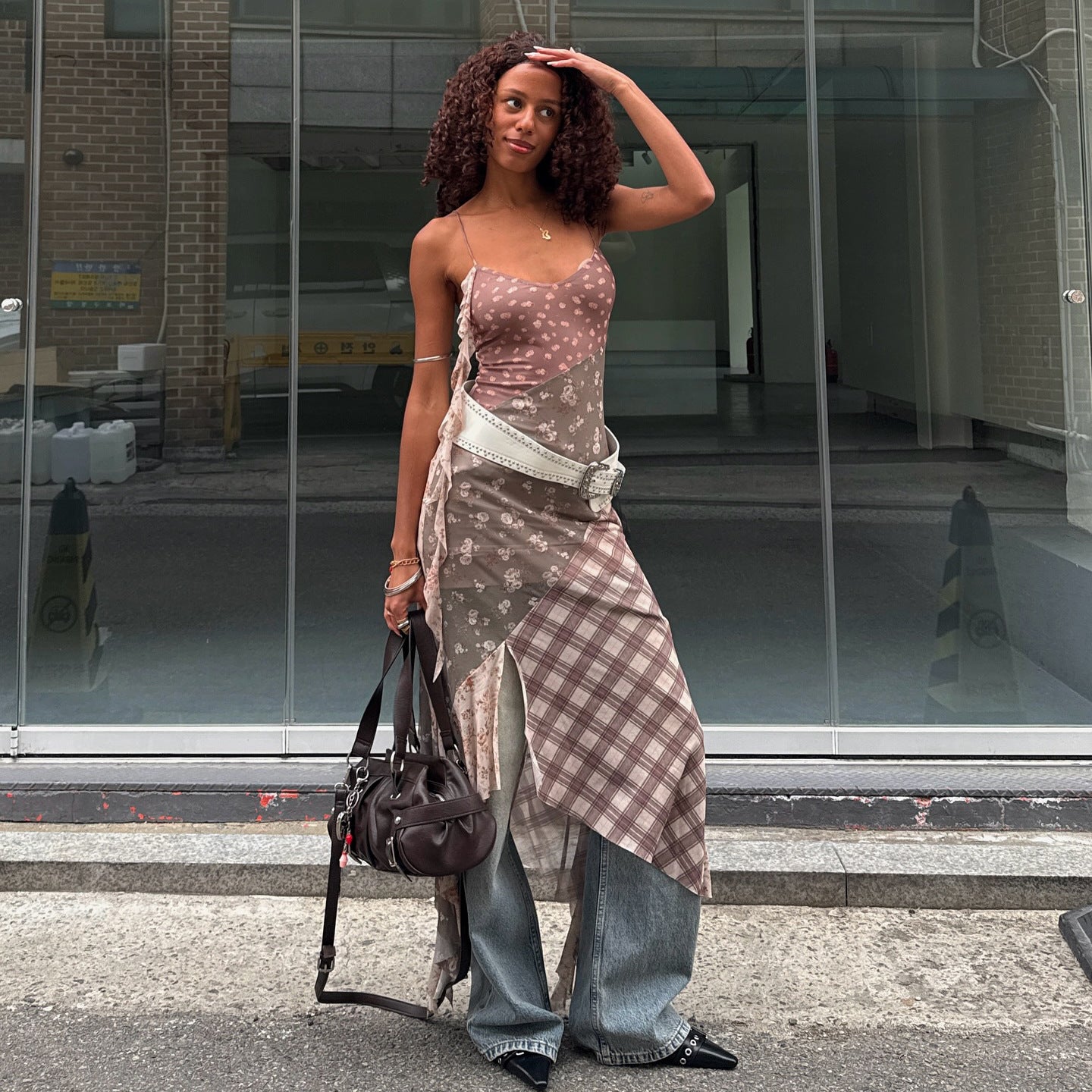 n contrasting color splicing suspender dress irregular skirt tattered design sense niche long dress female slim fashion