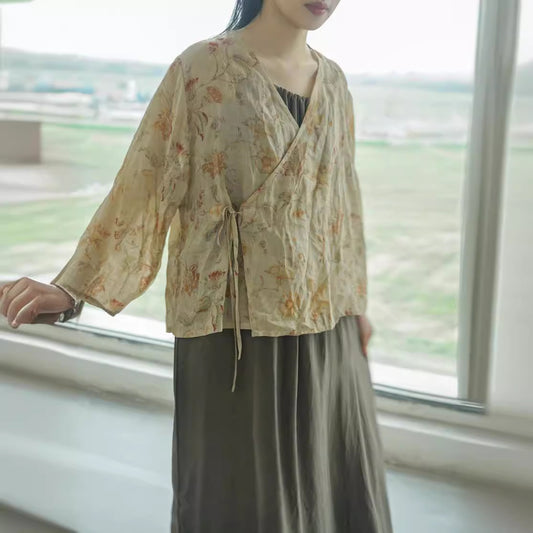 design, national style, Song Dynasty ramie lace-up cardigan, retro gentle literary and oblique shirt S22166