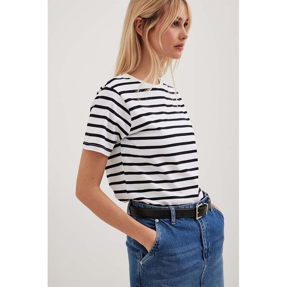VLOVELAW striped T-shirt short-sleeved Popular, 2025, spring and summer popular new versatile simple and loose pure cotton round neck striped short sleeves
