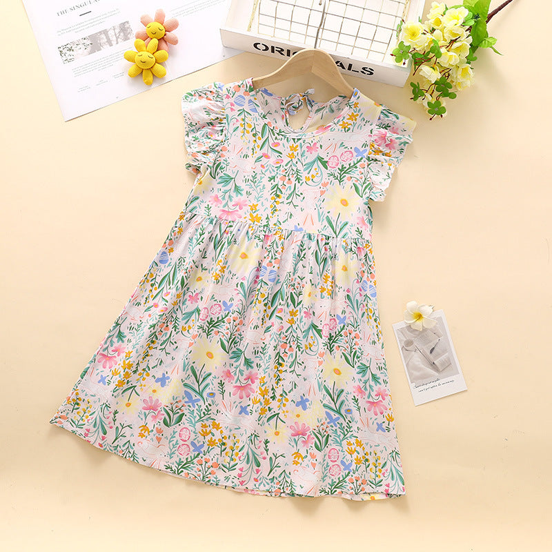 VLOVELAW Girls Dress Kids' Skirt Summer Baby Cotton Silk Floral Skirt Baby Girl Short Sleeve Princess Dress Clothes Children's Clothing
