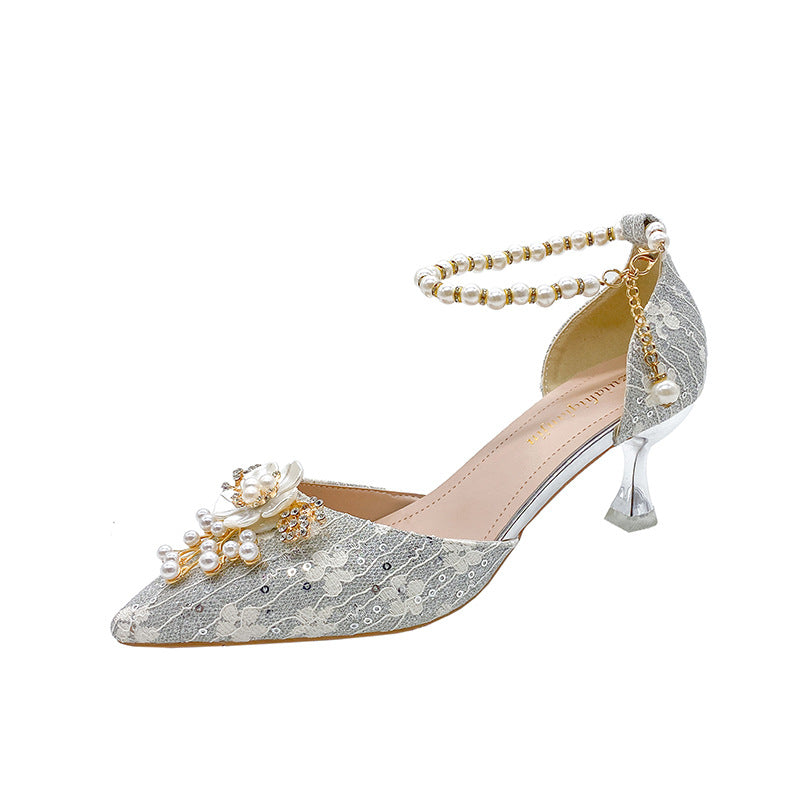 High Heel Wedding Shoes Women's Four Seasons New Lace-up Beaded Bride Toasting Xiuhe Wedding Dress Two-Way Wear Not Tired Women's Shoes