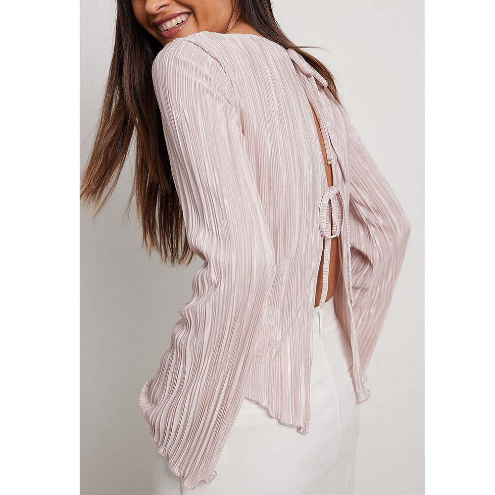 VLOVELAW pleated shirt women's Popular and 2025 popular summer elegant temperament slim-fitting horn sleeves back strap short shirt