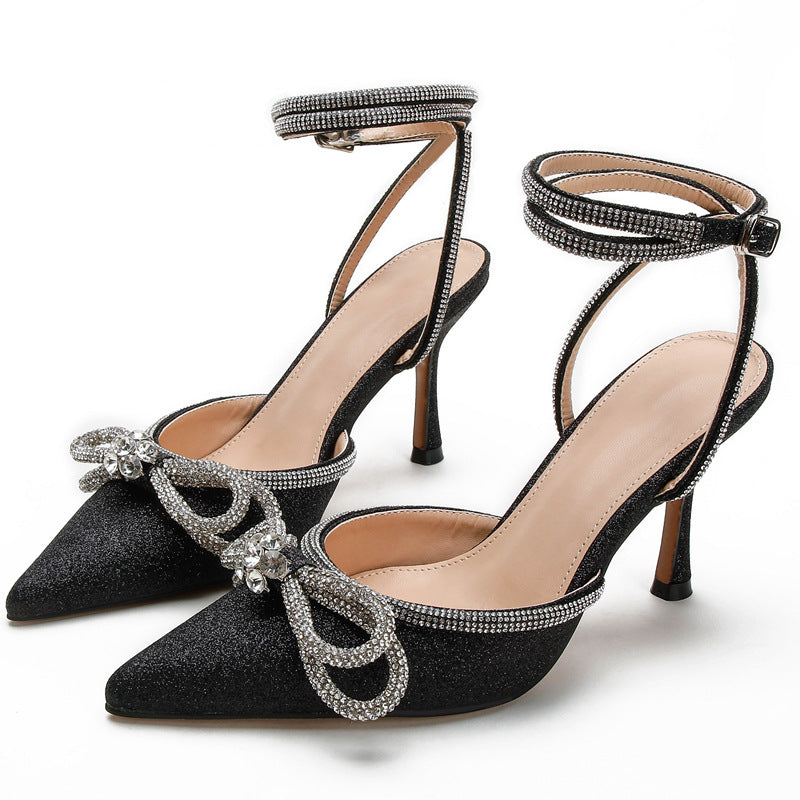 VLOVELAW Rhinestone Bow High Heel Shoes Stiletto Sexy Summer High Heel Sandals Closed Toe Back Empty All-Match