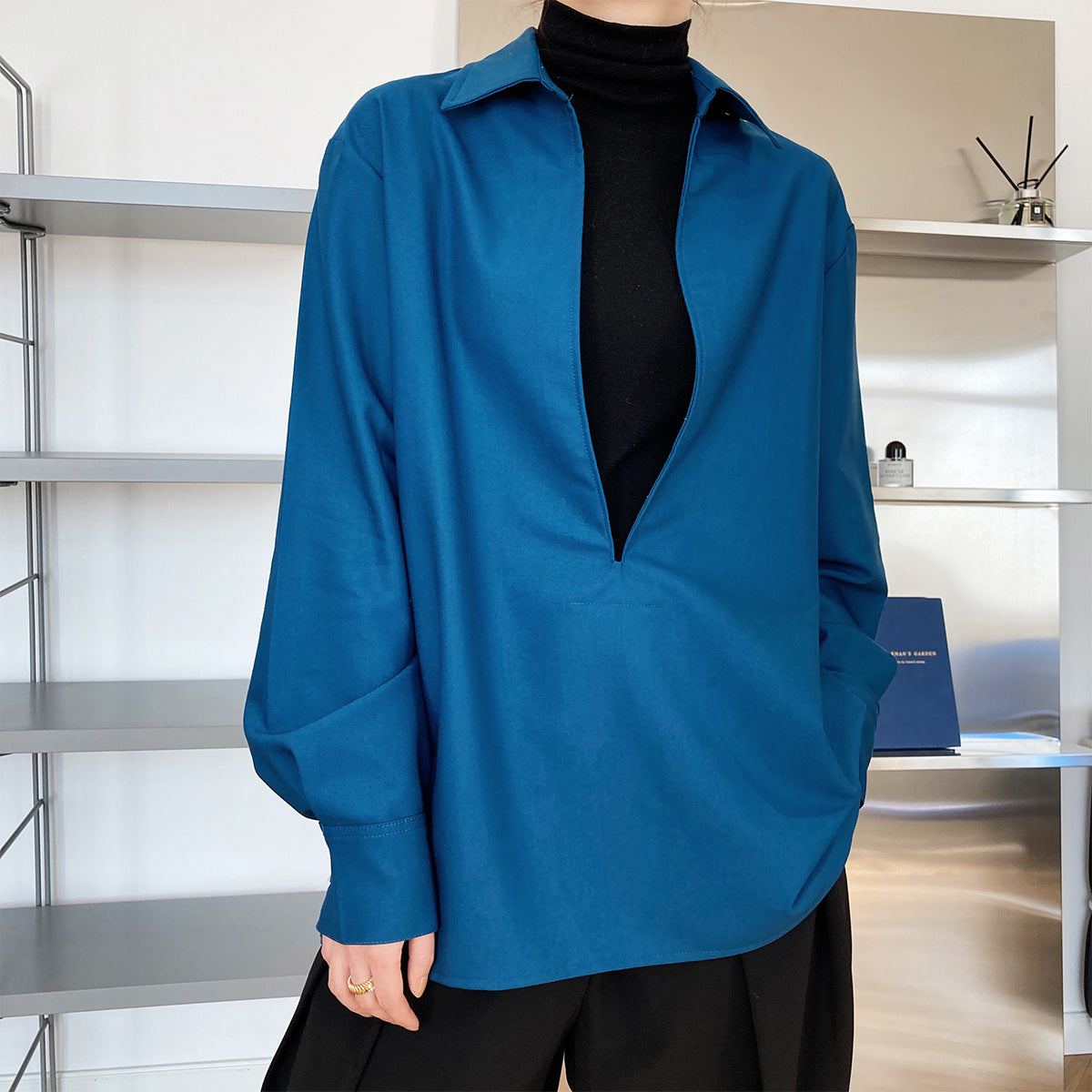 Luxi spring new design sense light ripe long-sleeved V-neck shirt women's fashion overlay top 677