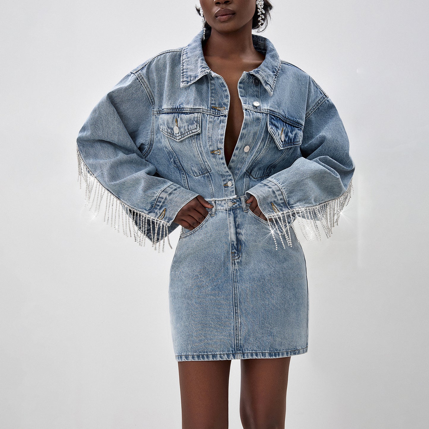 n high-end design trendy brand fashion lapel short diamond chain fringed jacket hip wrap short skirt denim suit women