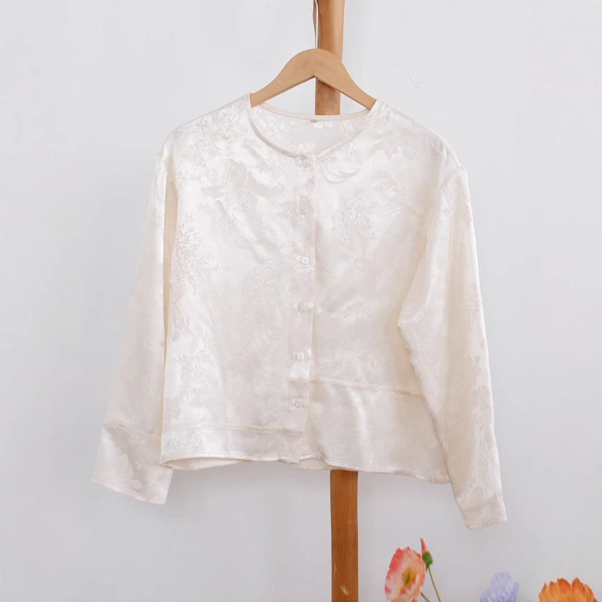Women's Shirt Spring New Chinese Top Shirt Long Sleeve Chinese Women's Beige Crew Neck Casual Cardigan B0456