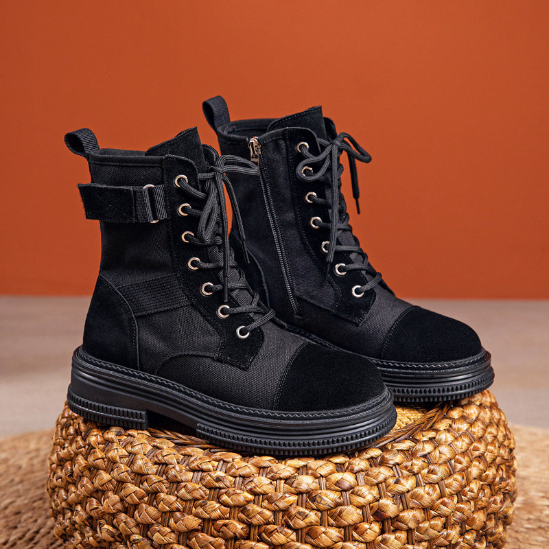 Leather Martin Boots Women's Spring New Height Increasing Insole Canvas Women's Boots Thick Bottom Side Zipper Fleece-lined Short Desert Boots
