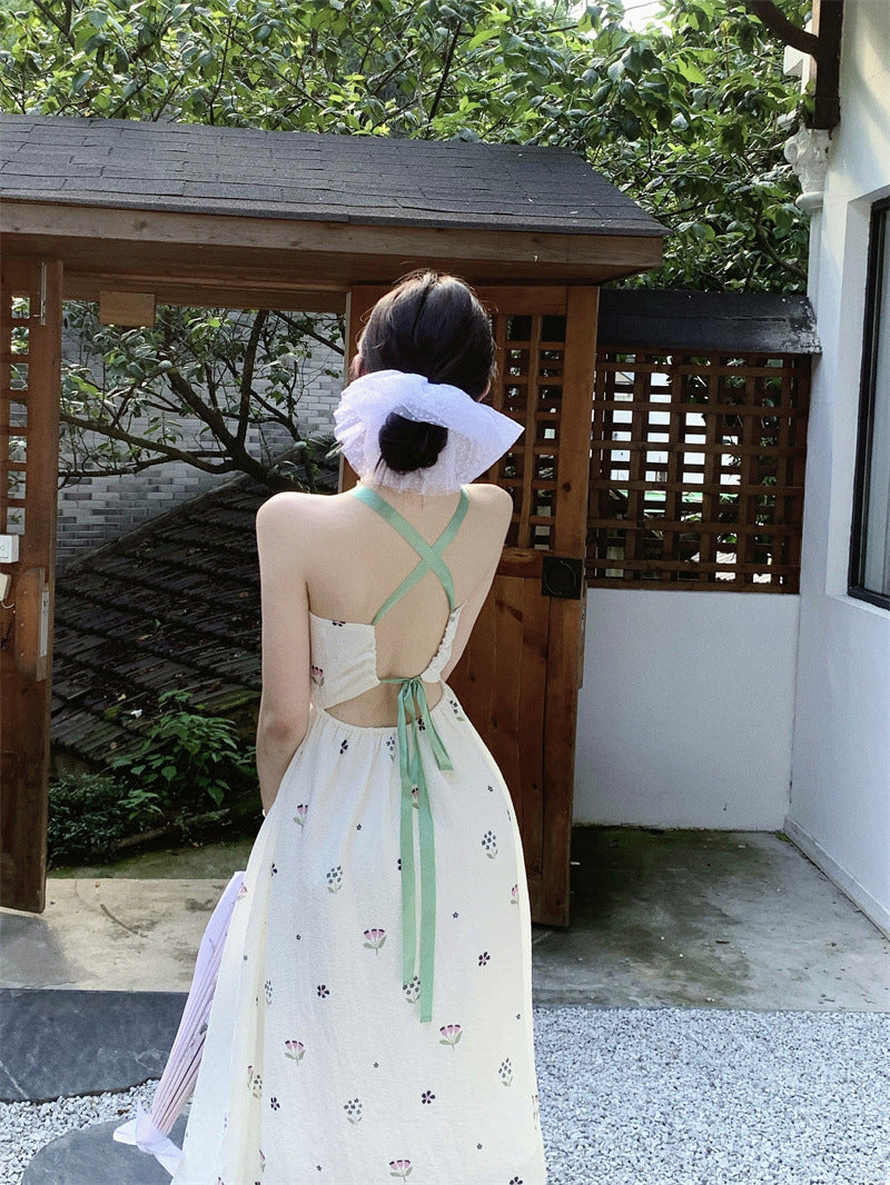 2025 retro floral suspender dress women's summer high-end vacation sleeveless backless long dress waist and thin skirt