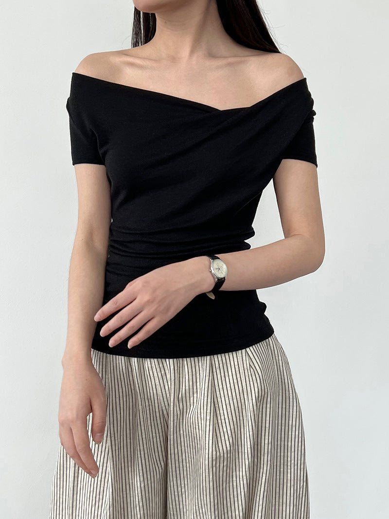 Luxi slanted shoulder swing neck short-sleeved T-shirt women's summer silk wool soft waxy light slim slim top 2699