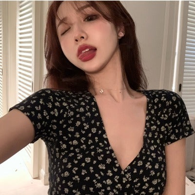 VLOVELAW New Floral Short Navel Elegant Top Women's Summer Slim Fit Slimming V-Neckline Short Sleeve Korean Style T-shirt Women's Fashion