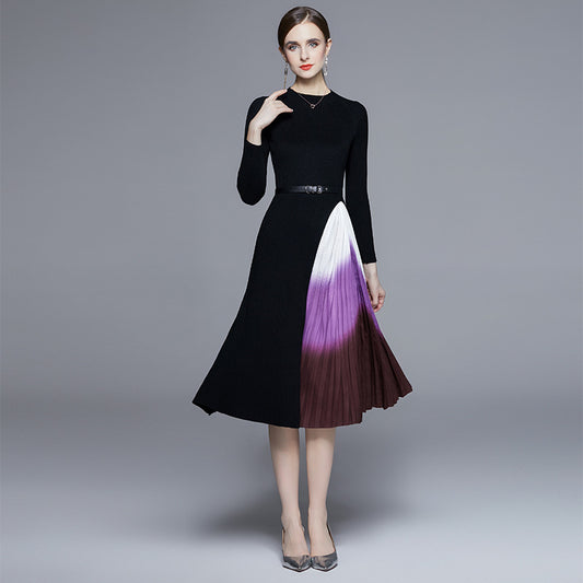 Knitted dress women's autumn and winter temperament slim and thin medium and long splicing gradual change of color pleated sweater skirt tide
