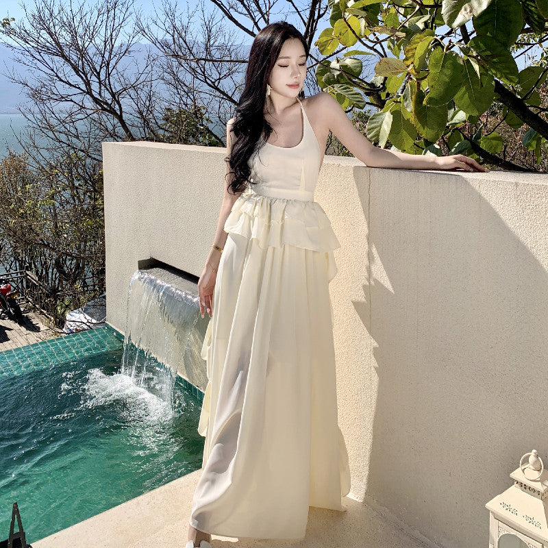 2025 gentle seaside vacation thin suspender skirt high-end ruffle edge niche design long backless dress