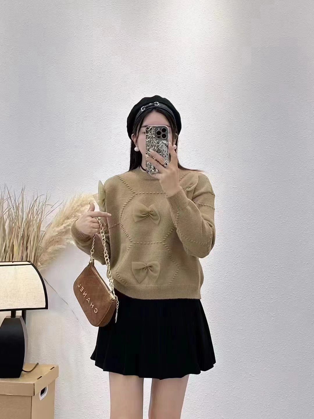 VLOVELAW Loose long-sleeved casual ribbon bow design round neck pullover slim knitted sweater women's European spring and autumn top