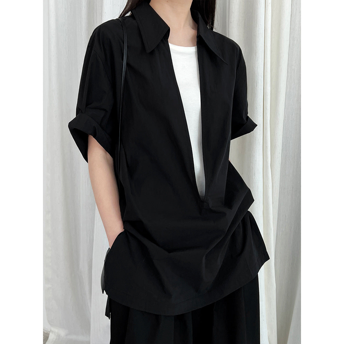 Luxi, retro simple deep V-neck stacked short-sleeved shirt women's summer new commuter slim top 3595