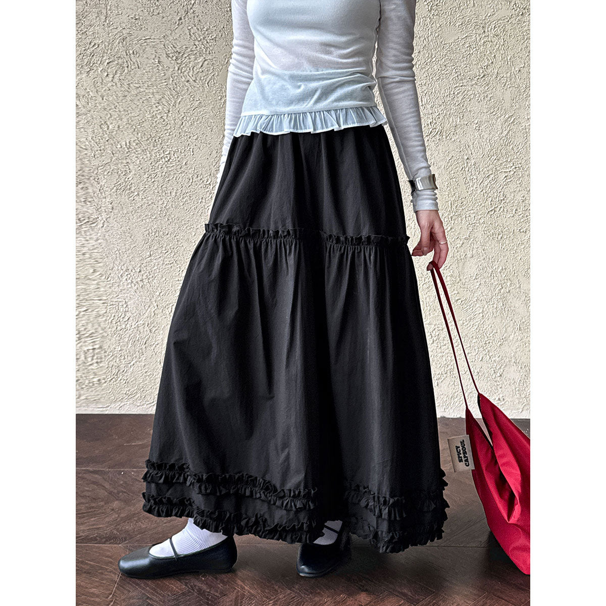 Luxi, splicing fungus edge skirt women's summer new high-waisted long skirt casual umbrella skirt A-shaped cake skirt 5105