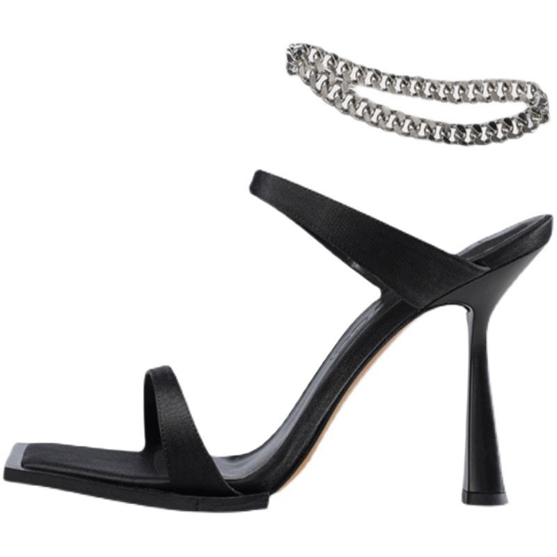 High Heels  Spring and Summer New Sandals Women's Open Toe Stilettos Chain Strap Sexy Black Outdoor Slippers