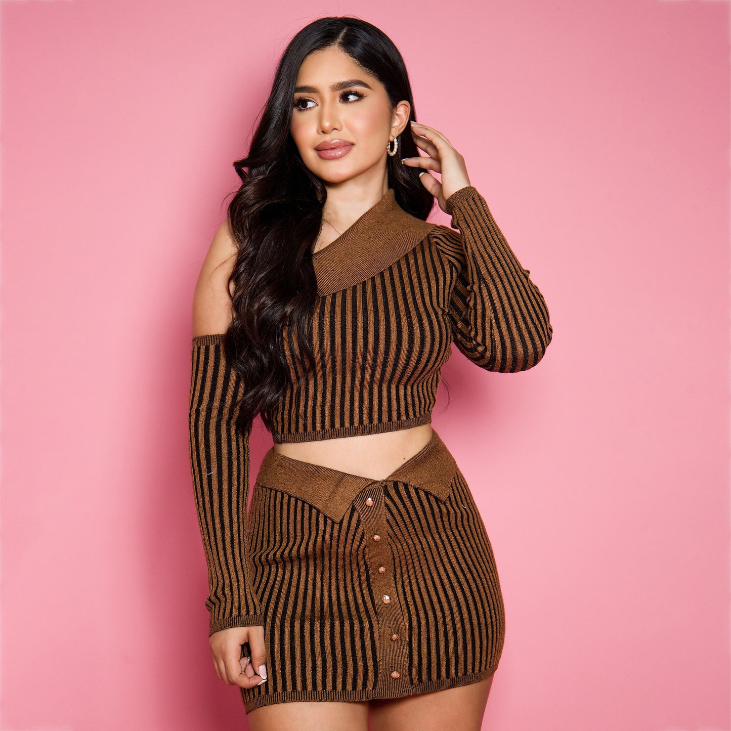 2025 Cross-border slanted shoulder vertical stripe short woolen suit women's skirt autumn and winter fashion tight skirt suit women's clothing high sense