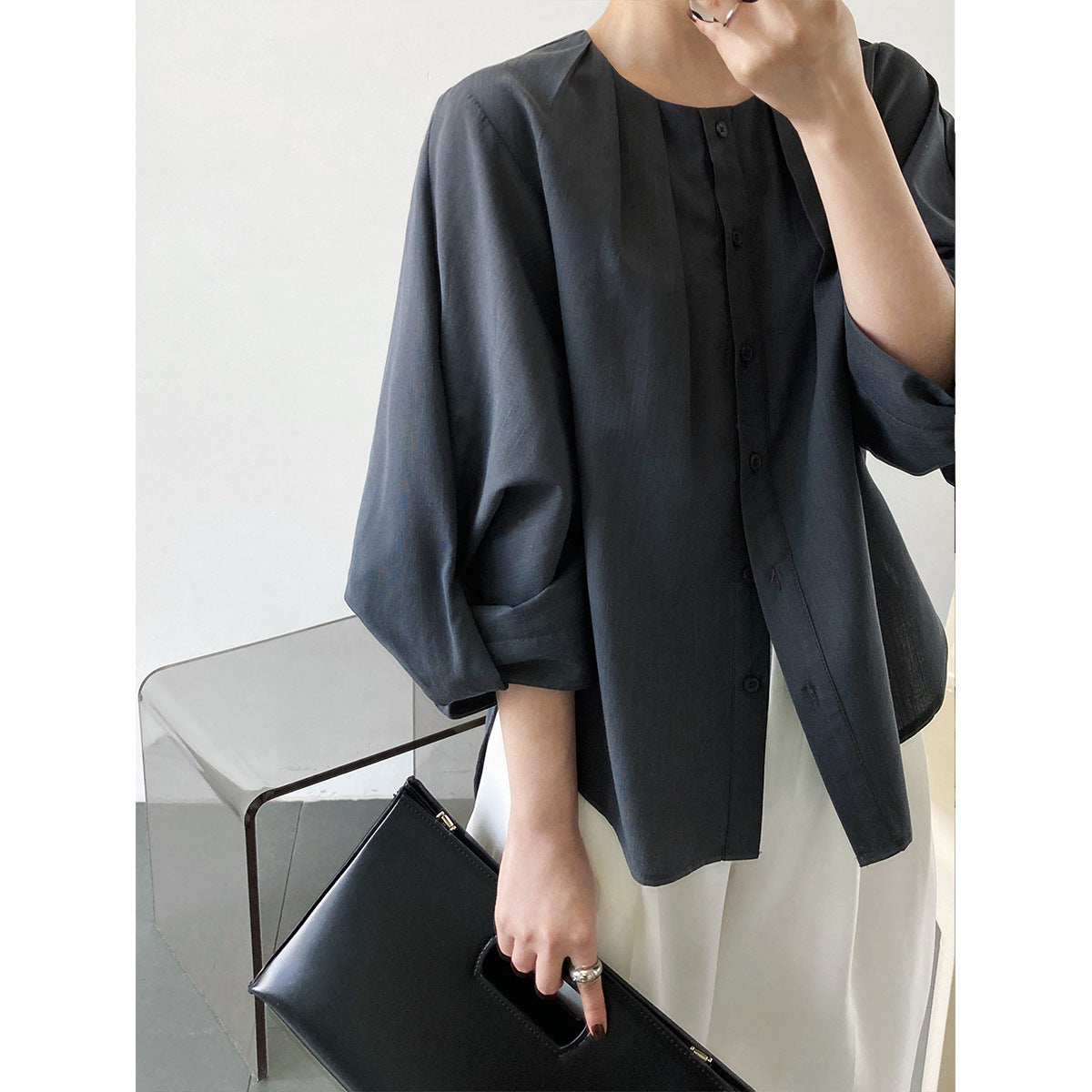 Luxi cotton and linen texture lantern sleeve shirt women's popular spring clothing new design sense seven-quarter sleeve chic top 3389