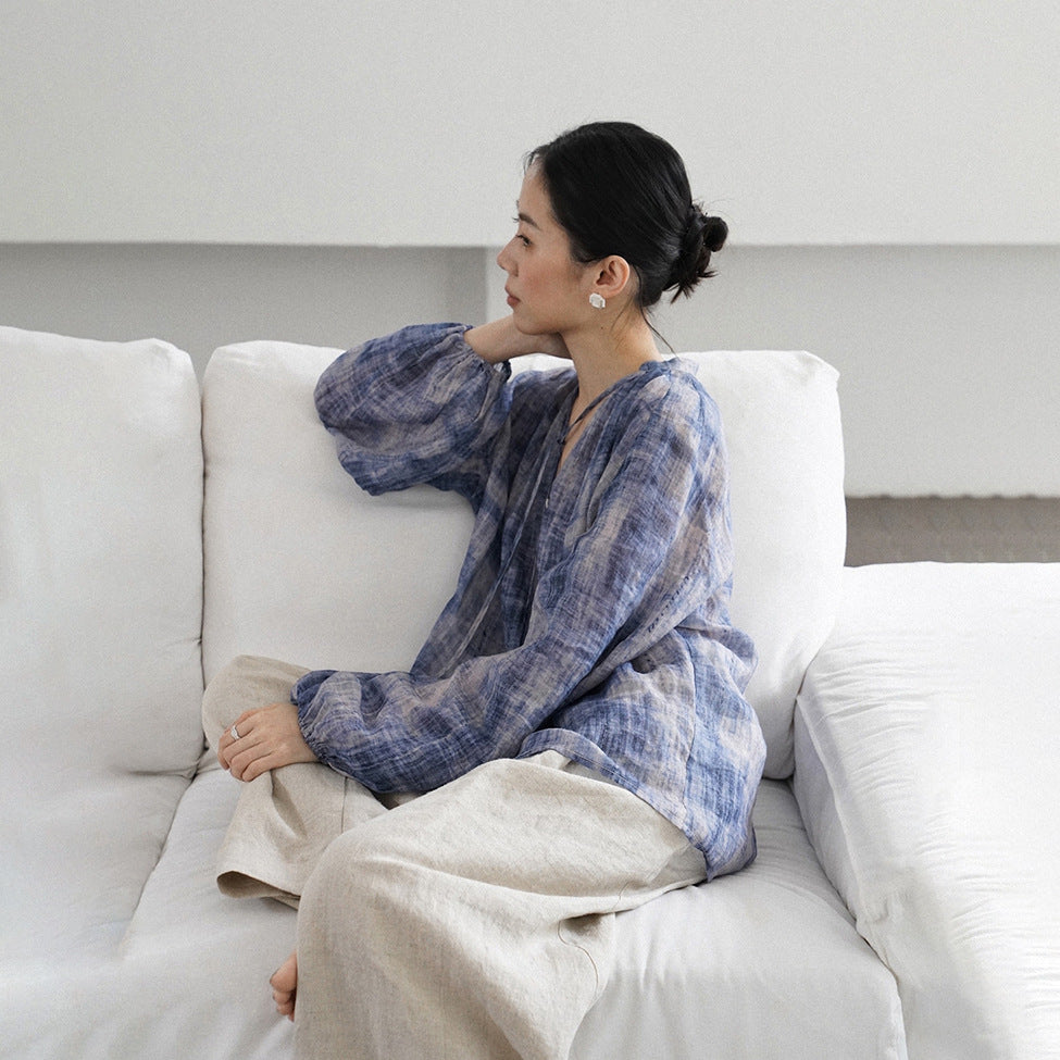 Ramie top high-end, summer ink smudge sunscreen Ramie shirt, thin linen wide-leg pants A0312