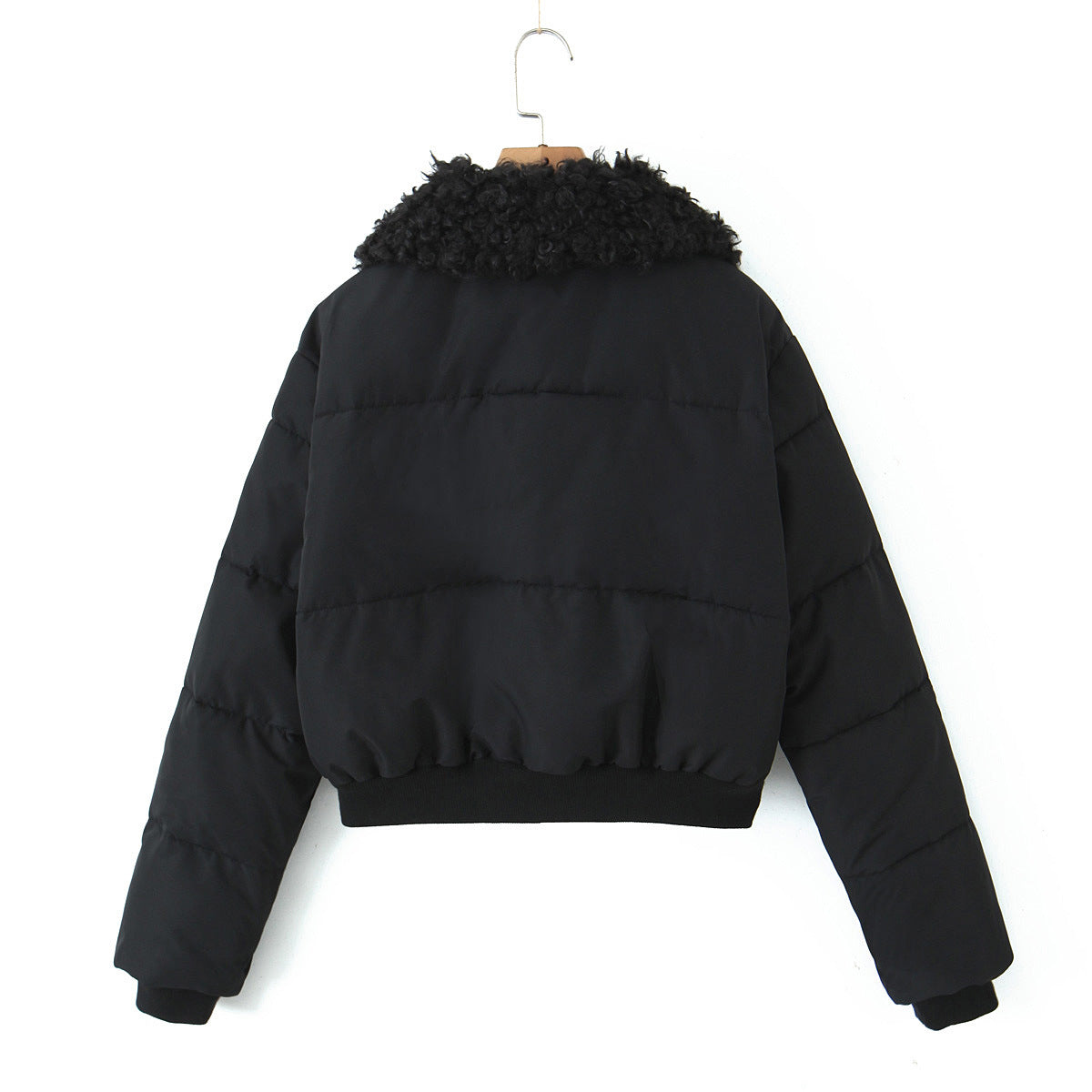 Black lamb wool collar short cotton-padded coat for women's 2023 autumn and winter new European and American spice girls thickened warm bread jacket