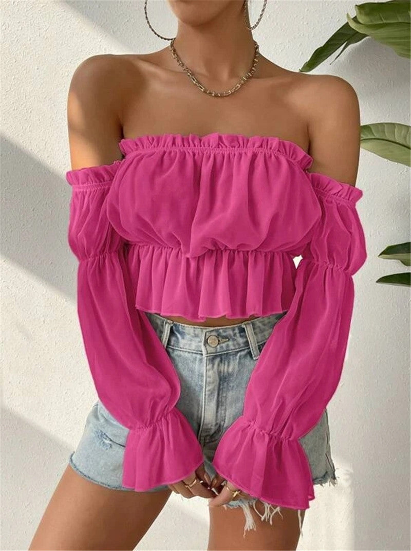 VLOVELAW Cross Border Women's Spring and Summer Sexy off-Shoulder Ruffled See-through Chiffon Pleating Shirt
